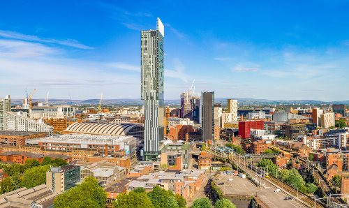 Aerial view over Manchester City Centre.