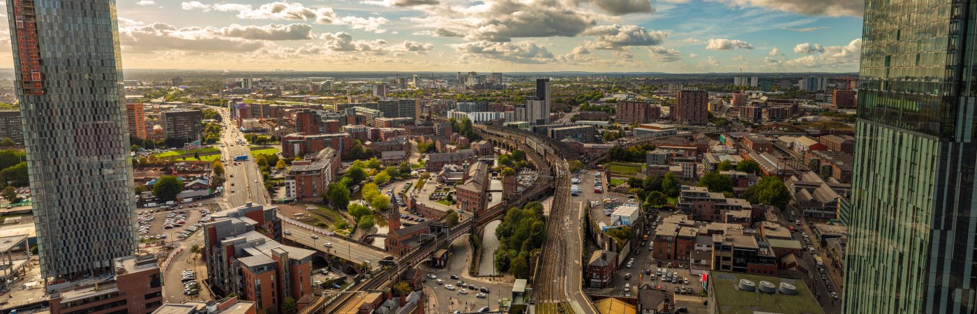 Aerial view over Manchester city centre.