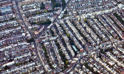An aerial view of streets in London.